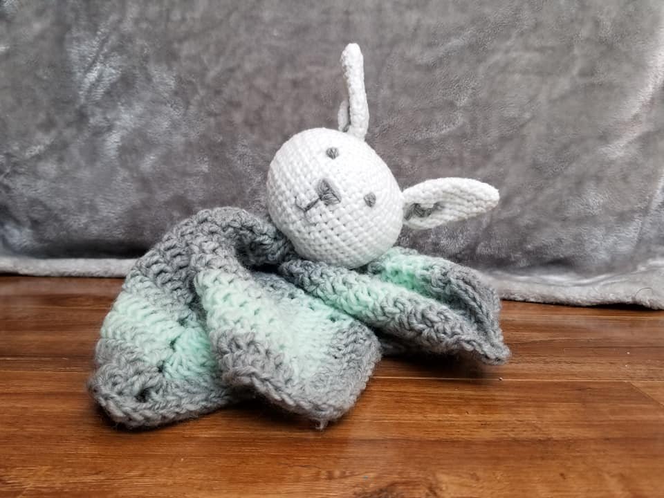 A crocheted bunny.